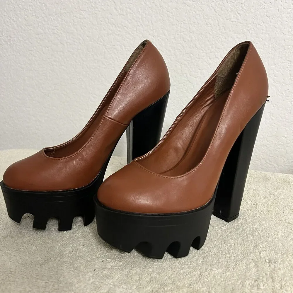 HRH Women's Platform Block High Heels Chunky Shoes Brown and Black Size 6 1/2